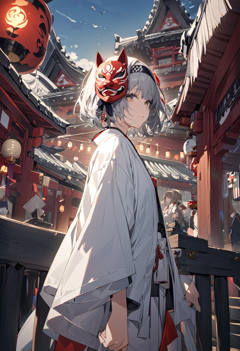 One girl、Highest quality、masterpiece、beautiful girl、Wearing a Tengu mask、Gray Hair、Short Hair、skirt、White kimono、headband、shrine