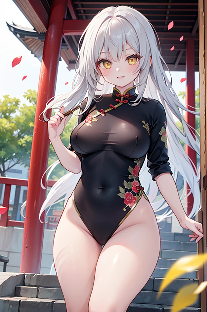 realistic image, coherent image, detailed image, 1 beautiful girl. She has silver hair, long hair. Yellow eyes, long eyelashes. Her face is oval and delicate. Smiling. She wears a red Cheongsam, side slits. She has a curvy body, medium breasts and thick thighs. Chinese temple, flower petals falling around. ambient light, volumetric light,