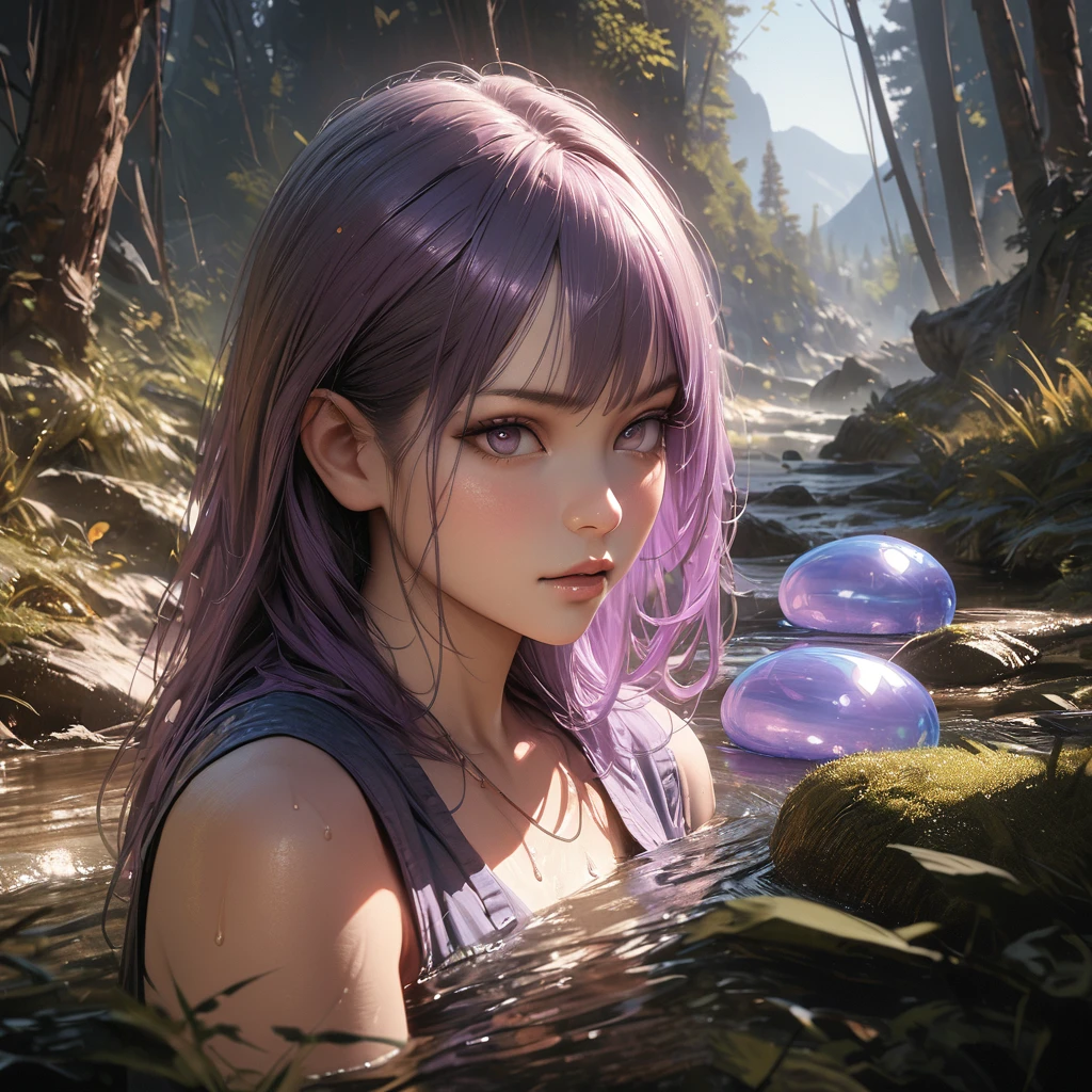 Transparent slime，blue purple，wilderness，Super Fine，Ultra-realistic，8k，Ultra Detail，precise，masterpiece
