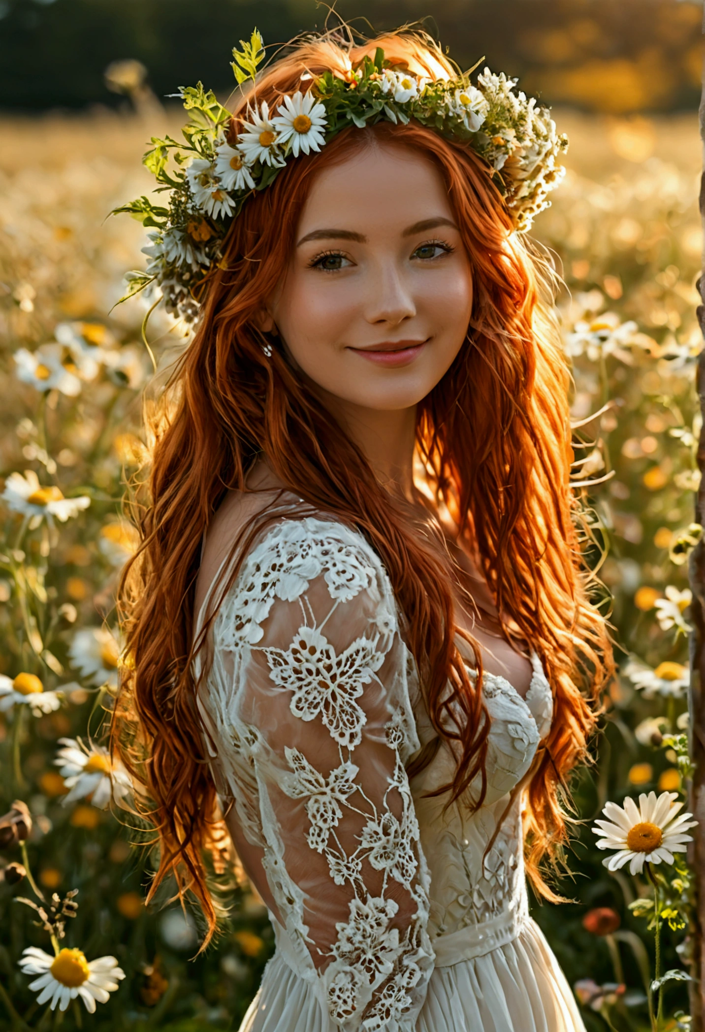(full body shot:1.7) photorealistic image of a (standing pose:1.1) woman, ultra realistic, photography, long red hair, girl, 24 years old, hourglass figure, perfect body, Flirty look, natural medium breasts, blur background, standing in a field of daisies, wearing a long white dress, cleavage, wearing a flowercrown, smiling, sunny day, sunshine, full body, full body picture, full body shot, wide angle, wide angle picture, wide angle shot,