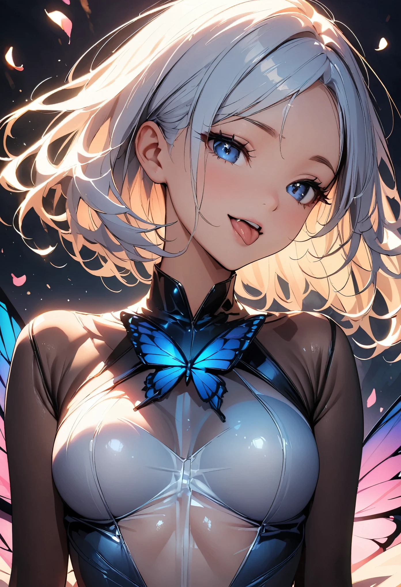 With butterfly wings、Beautiful young woman surrounded by flower petals、Detailed face、Long eyelashes、Graceful pose、A seductive smile, Open your mouth, Sticking out tongue, Clothes that fit the body line, Shining Thin Film Interference Costume, Cinematic lighting、Calm colors、Ethereal、Fantasy、(Highest quality:1.2, Very detailed, up to date, Vibrant, Ultra-high resolution, High Contrast, masterpiece:1.2, Highest quality, Best aesthetics), (((1 girl))), Carefully drawn, Floating Bubbles, Soft Focus, Cinematic lighting、Exquisite details