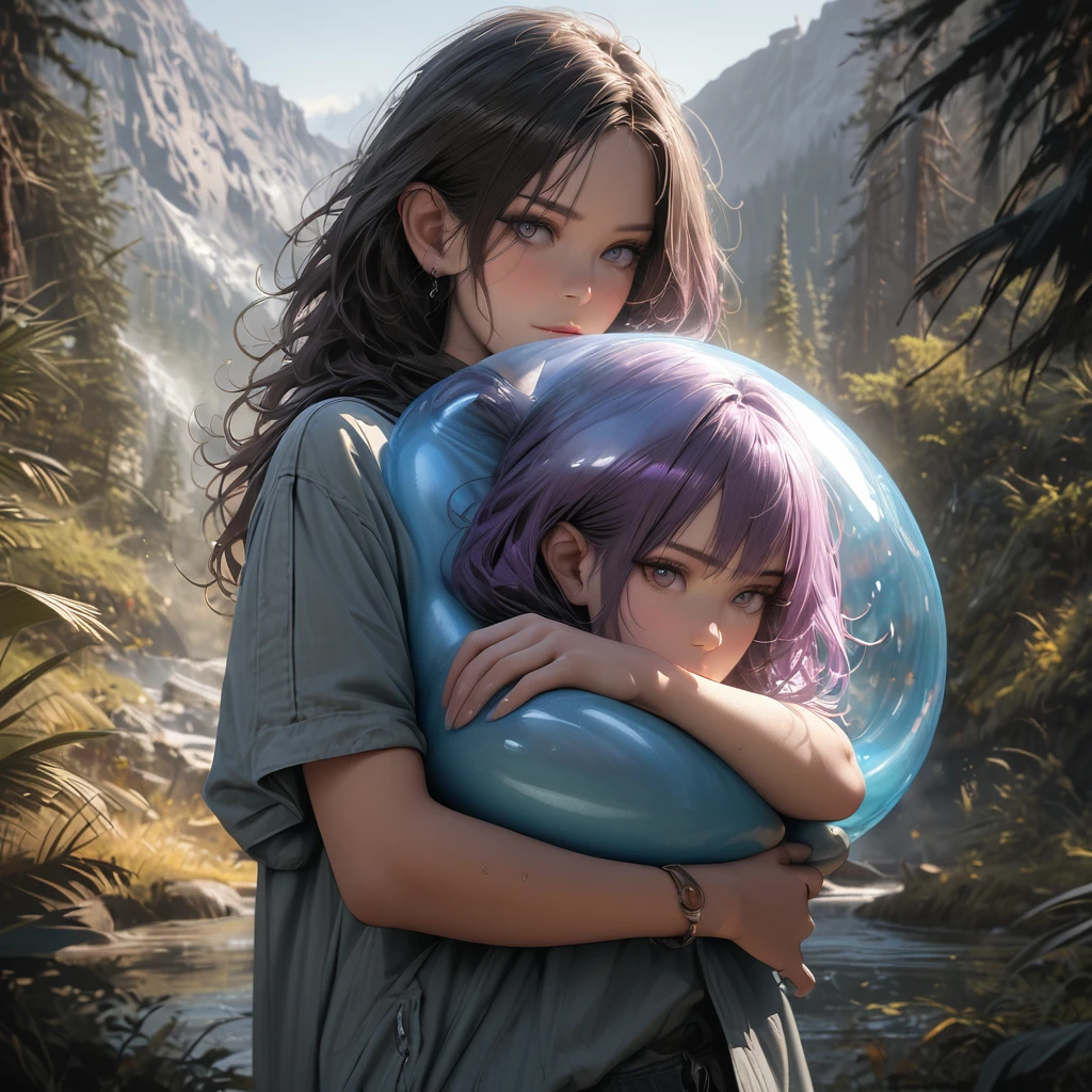 Beautiful woman holding a huge transparent slime,blue purple,wilderness,Super Fine,Ultra-realistic,8k,Ultra Detail,precise,masterpiece