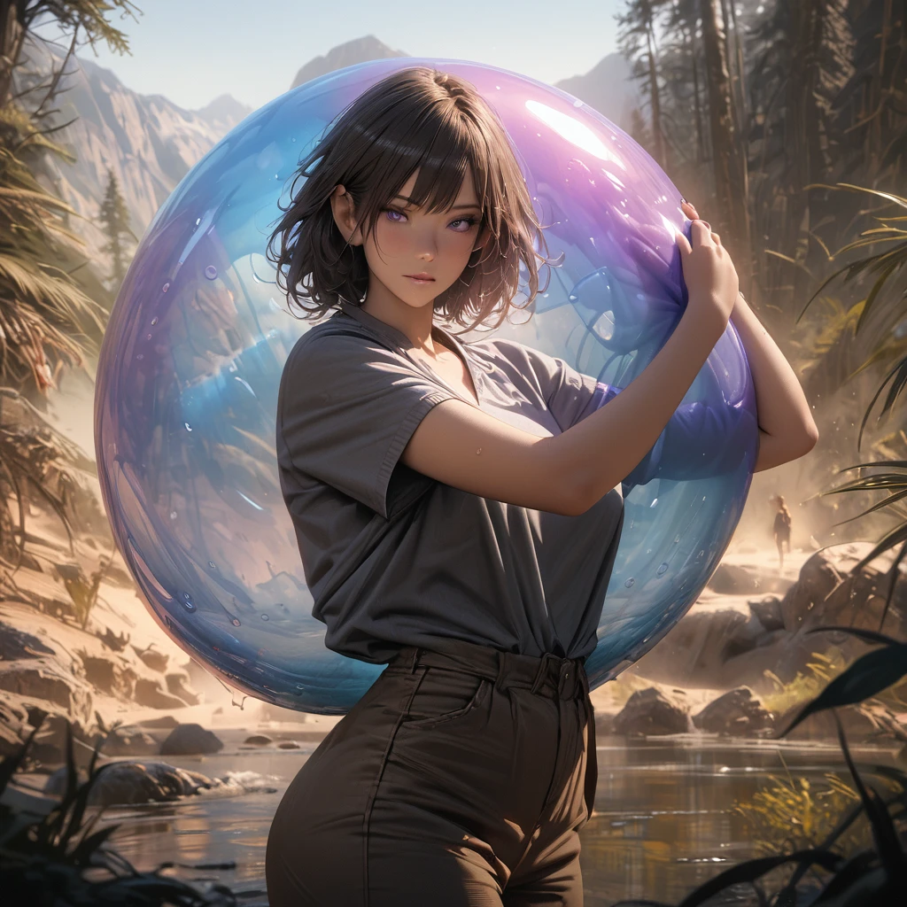 Beautiful woman holding a huge transparent slime,blue purple,wilderness,Super Fine,Ultra-realistic,8k,Ultra Detail,precise,masterpiece