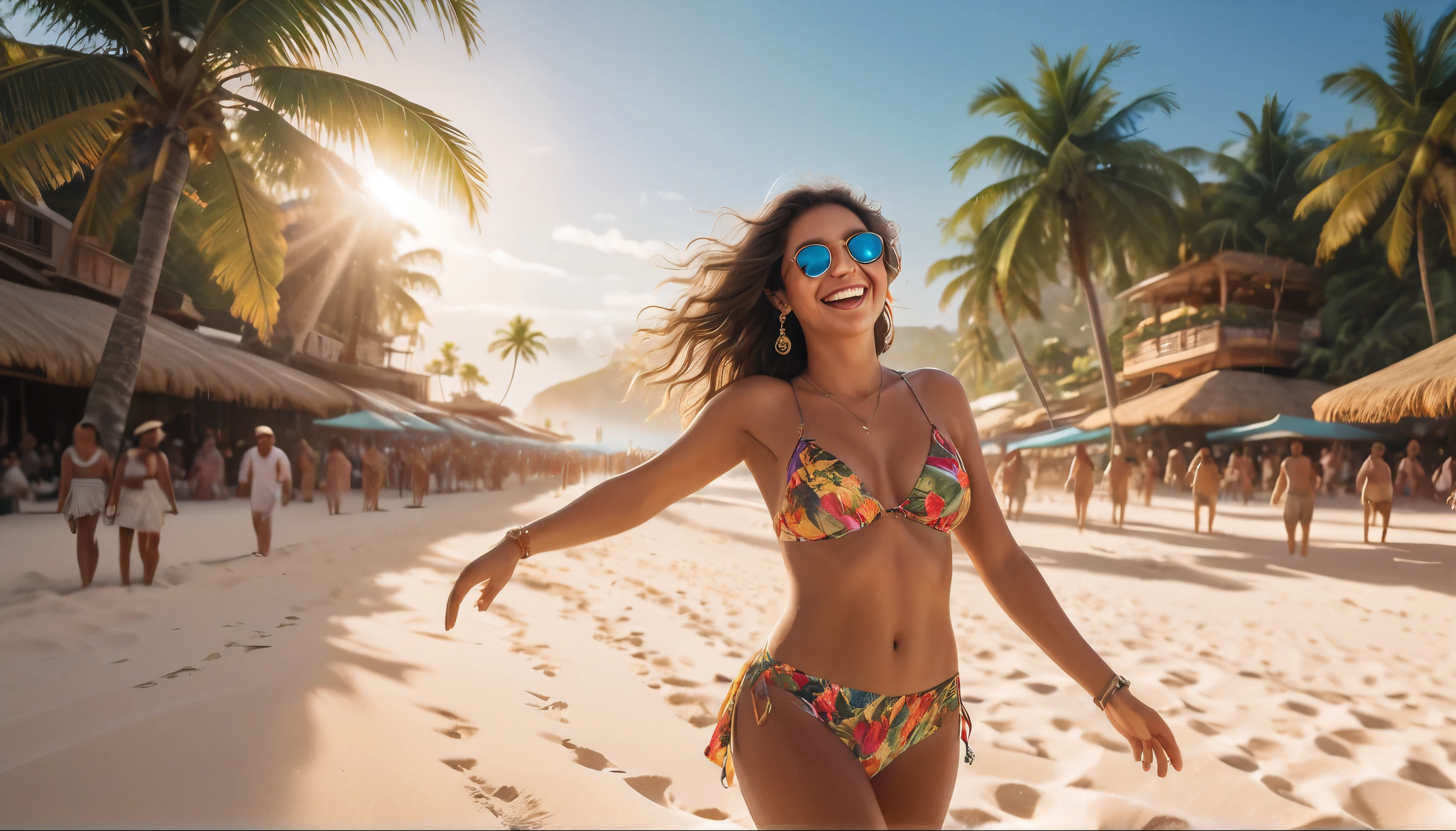 A bustling, sun-drenched beach scene. Hundreds of people are joyfully dancing to pulsating electronic music, their bodies moving in sync with the rhythm. The atmosphere is electric, filled with laughter and the aroma of tropical drinks. Sunglasses glint in the golden sunlight as it filters through swaying palm trees. Every face is a canvas of pure joy, captured with stunning depth of field. Vivid colors pop against the pristine white sand, creating a breathtaking contrast. Cinematic, 8K resolution, with the look of a classic SLR photograph. Soft, natural light illuminates the scene, accentuating the details of the crowd. High-contrast film grain adds a touch of nostalgia while maintaining exceptional image quality. A photorealistic masterpiece with hyper-detailed faces, smooth, even lighting, and a vibrant, immersive atmosphere.