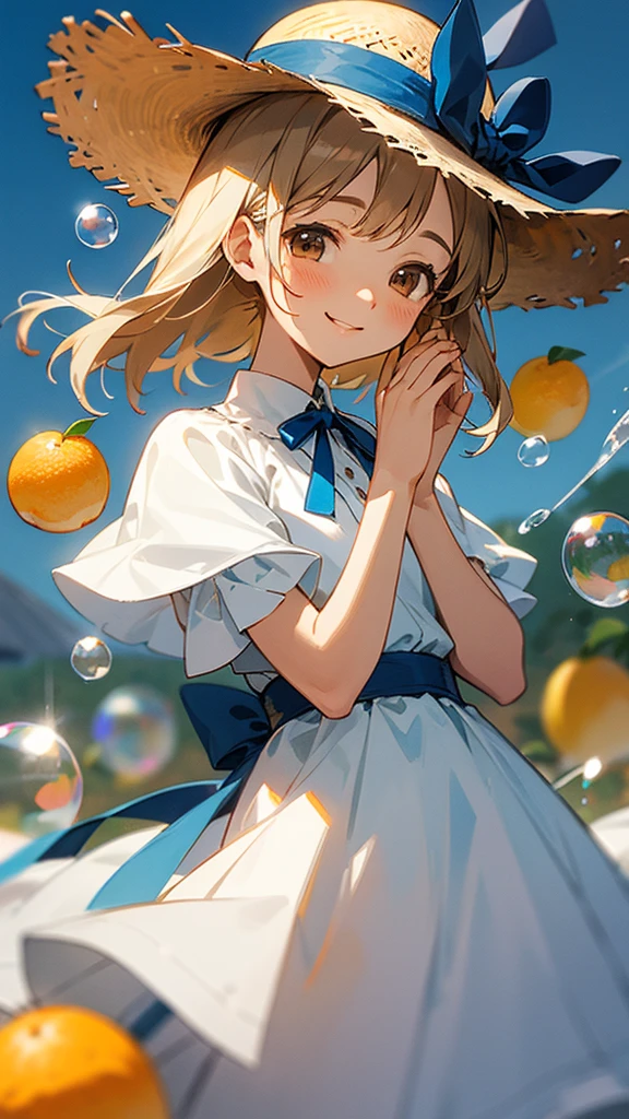 Straw hat with blue ribbon, white and brown citrus hair, white dress, hands together, brown eyes, soap bubbles, smiling face 