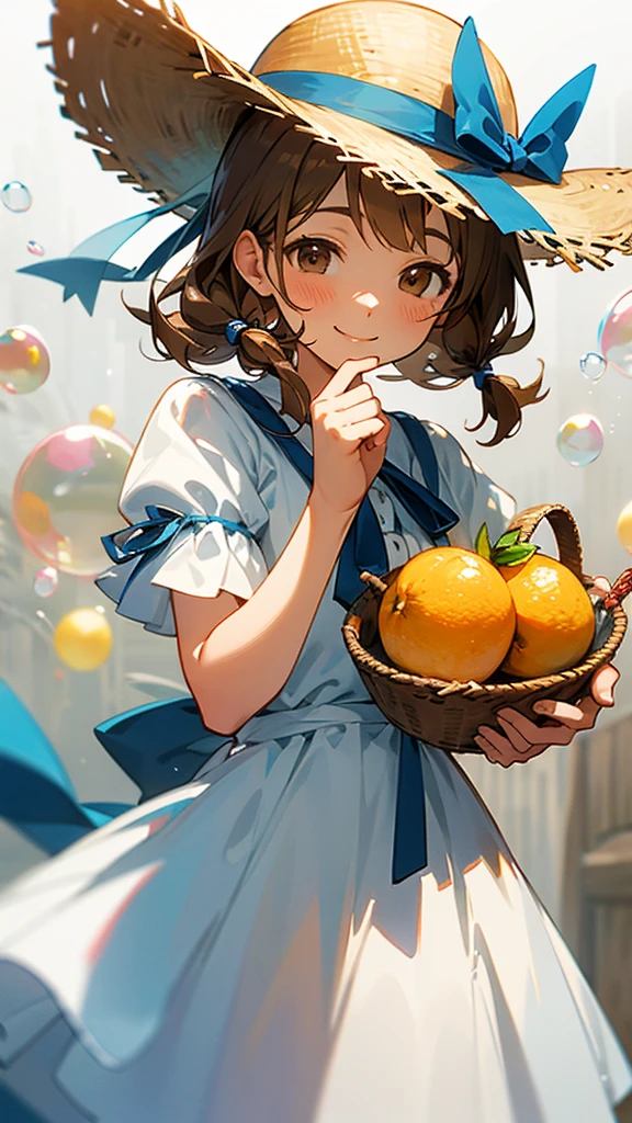 Straw hat with blue ribbon, white and brown citrus hair, white dress, hands together, brown eyes, soap bubbles, smiling face 