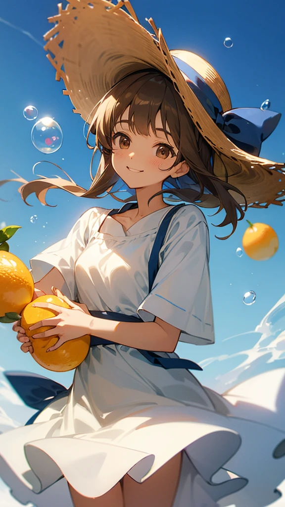 Straw hat with blue ribbon, white and brown citrus hair, white dress, hands together, brown eyes, soap bubbles, smiling face