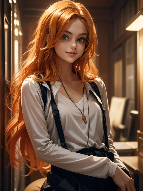 (masterpiece、top quality、top quality、official art、Nice and beautiful:1.2)、(one cute 18 year old girl:1.3), beautiful proportional , long straight red hair, beautiful realistic greenish-brown eyes large and expressive, gentle kind look.., (Best quality, masterpiece),  upper body, She has a beautiful nose and lips. Slim model graceful physique,  She is wearing strict straight black trousers and a white shirt., stylish, thoughtful, modest image of an office lady, she seems domineering and cold, really very kind and caring, she seems dangerous and aggressive, radiates inaccessibility, wants to appear strong and independent, but in reality a weak, frightened, powerless victim, subjected to years of sexual abuse from early childhood; closed pose, Against the background of a birch grove, high quality textures of realistic human skin, Beautiful realistic face, proportionate slim physique, 