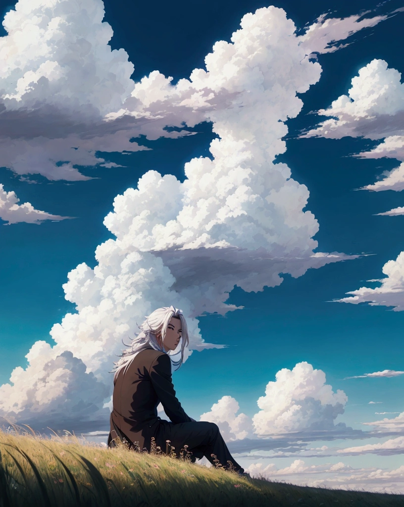 anime, anime landscape, beautiful hair, sitting in grass, guy looking at clouds, in a grassland, creative, realist, white clouds, blue sky, landscape amazing, guy looking away from camera, wide photo