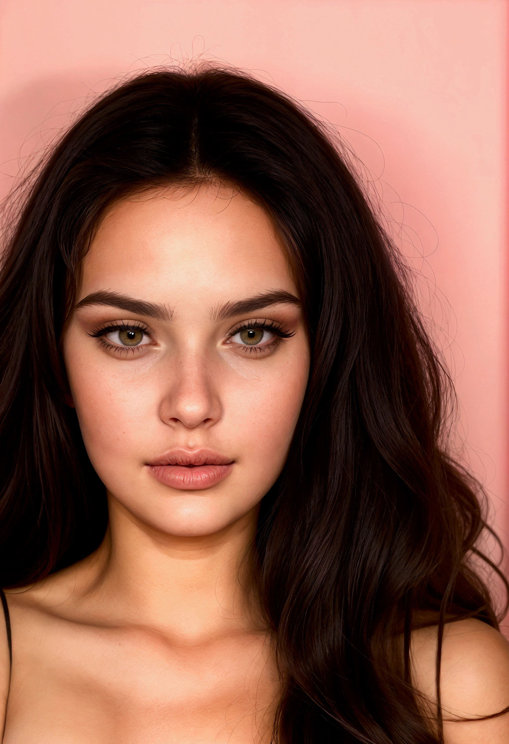 un gros plan d&#39;une femme aux cheveux longs et un fond rose, peau olive impeccable, magnifique visage latina, Portrait Sophie Mudd, sourcils détendus, violette myers, visage impeccable, sourcils épais, visage sexy avec un maquillage complet, gros sourcils, sourcils droits et touffus épais, magnifique visage, detailed visage impeccable, gros sourcils broussailleux, visage richement défini