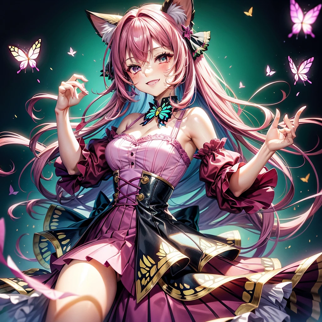Magenta hair, hazel eyes, older woman, hair bows, cat ears, long hair, smiling face, sexy outfit, butterflies, teal and gold outfit, butterfly background, cover chest blouse