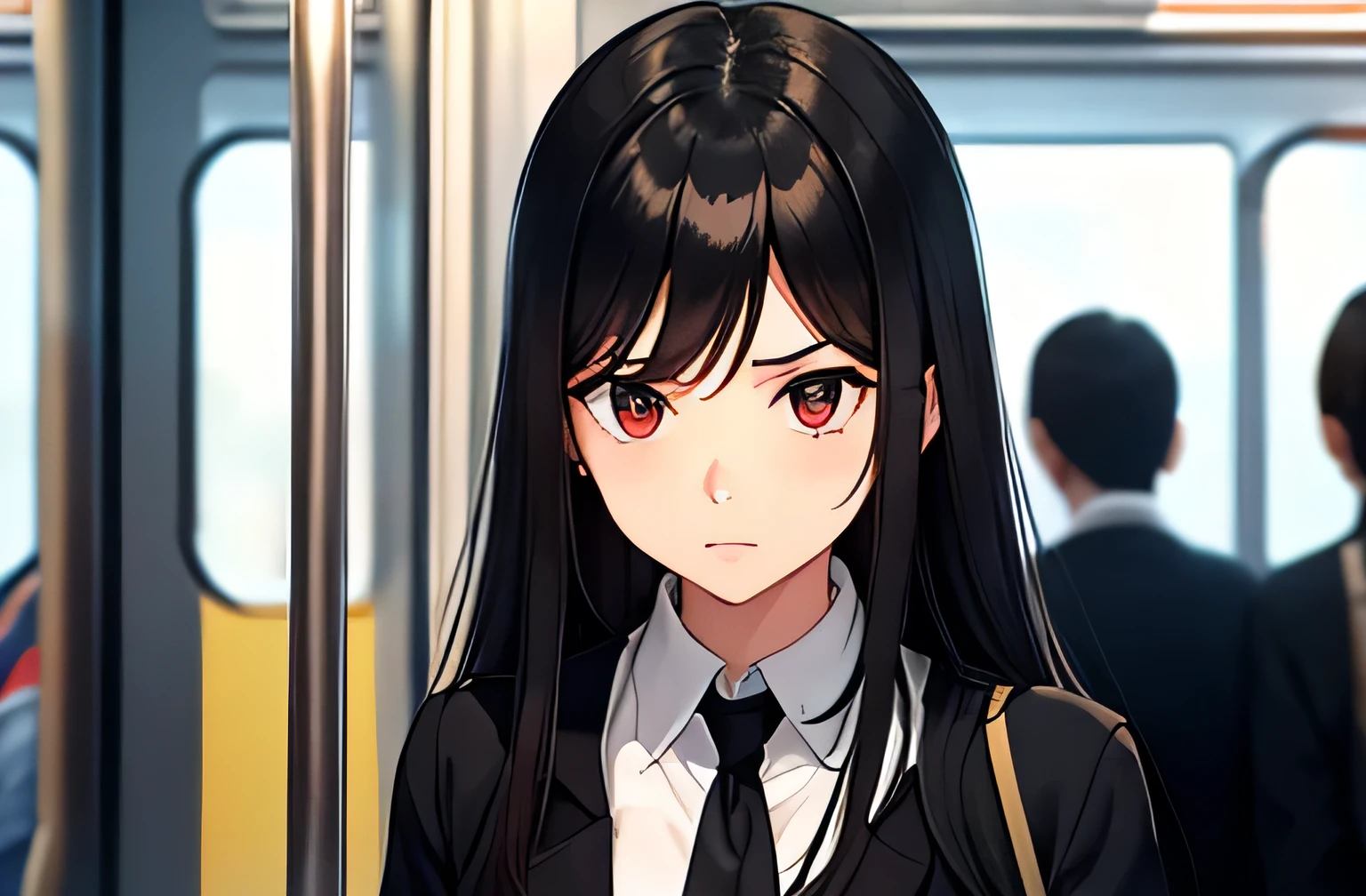 Woman with long black hair,OL,Commuting to work,on the train