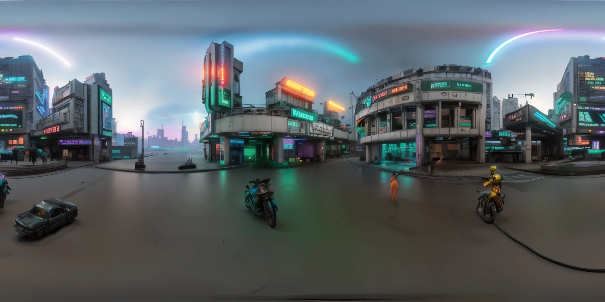 cyberpunk city, neon lights, distopic, trafic, octane render, hyperdetailed, 360 degrees panorama