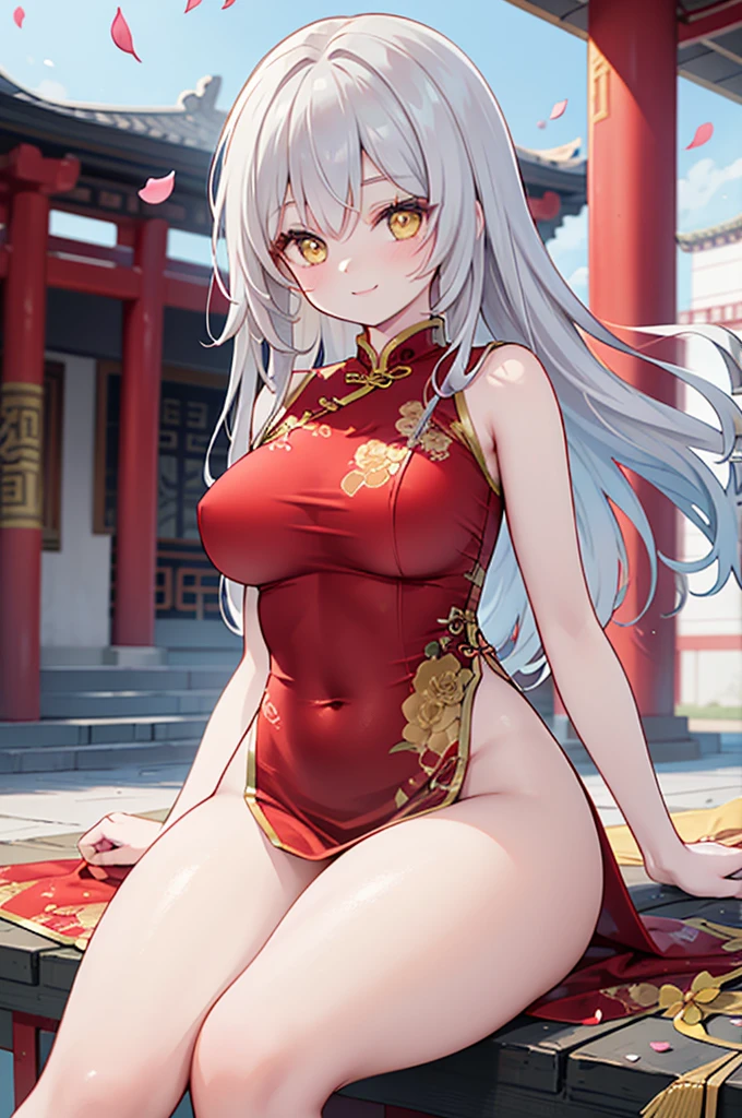 realistic image, coherent image, detailed image, 1 beautiful girl. She has silver hair, long hair. Yellow eyes, long eyelashes. Her face is oval and delicate. Smiling. She wears a red Cheongsam, side slits. She has a curvy body, medium breasts and thick thighs. Chinese temple, flower petals falling around. ambient light, volumetric light,