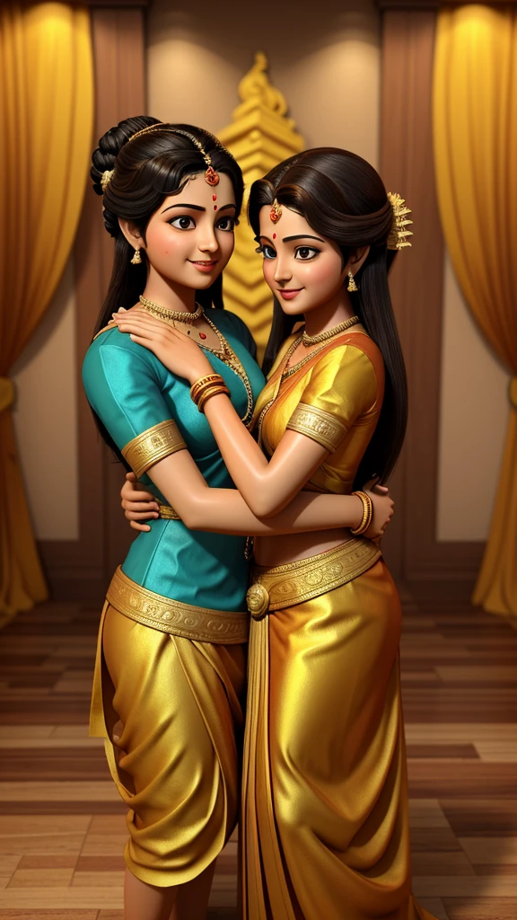 In cinematic 3d cartoon style " picture hint: Friendship of Rama and Sugriva: Show Rama and Sugriva in a picture hugging each other or shaking hands, symbolizing their friendship."