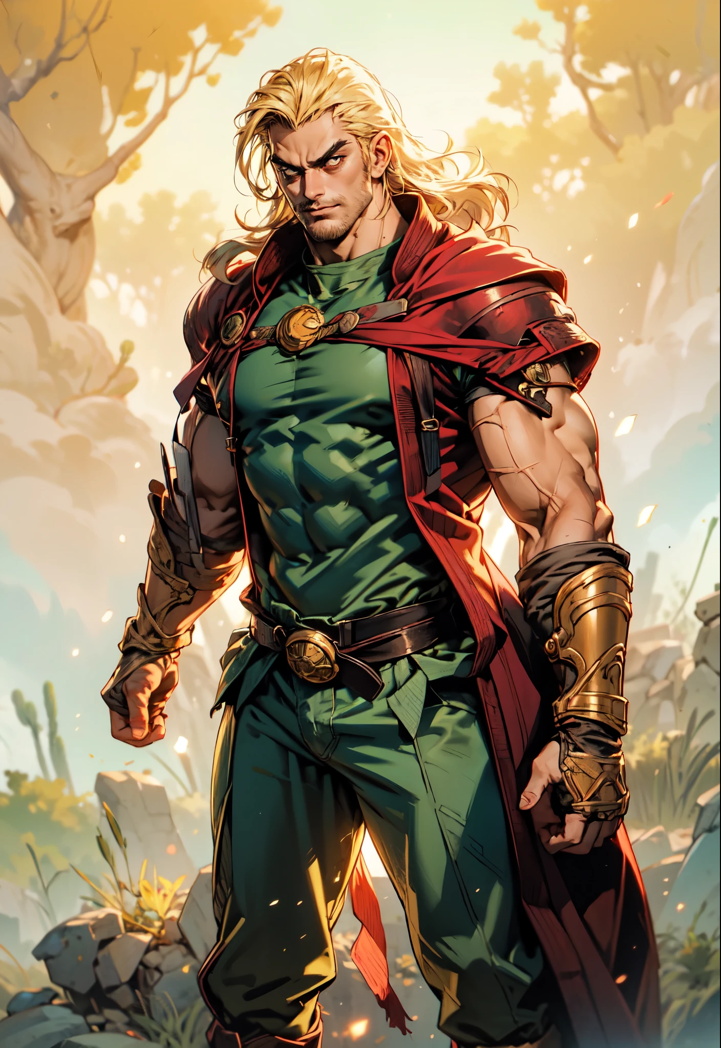 (masterpiece:1.2, best quality:1.2, extremely delicate:1.2), ((male:1.5)), a middle-aged man with slicked-back brown long hair, golden parted bangs, raised thick eyebrows, sharp eyes, rugged features, a full beard, a confident smile, tall and sturdy build, a fantasy martial arts style white open-chest silk coat with a long hem, a yellow shawl, long gloves, a leather belt, canvas trousers, standing in a sunny desert oasis, this character embodies a finely crafted fantasy martial arts style desert ruler in anime style, exquisite and mature manga art style, dramatic, high definition, highres, ultra-detailed, ultra-fine painting, professional, perfect body proportions, golden ratio, anatomically correct, symmetrical face, extremely detailed eyes and face, high quality eyes, creativity, RAW photo, UHD, 32k, Natural light, cinematic lighting, (masterpiece-anatomy-perfect:1.2)