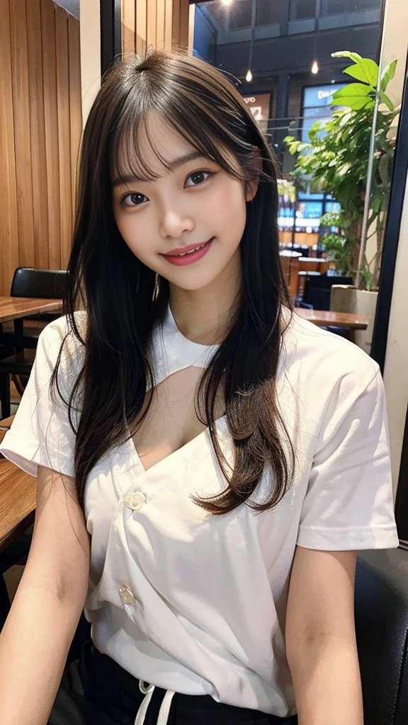 nsfw,Lunch date with my cute G-cup high school sister at a fashionable cafe in Tokyo with no bra or panties、Selfie photos leaked on a secret account。She rolls up her T-shirt so that no one can see and shows her breasts only to the photographer.。Sitting across the table、On the table is a fancy meal for two.。A summery brand of clothing with a loose fit around the chest。He is holding a bridge and laughing with rice in his mouth。masterpiece, best quality, Real Image, Super detailed, fine details, High resolution, 8k,wall paper, perfect dynamic composition,(Details High quality, realistic depiction of eyes:1.3),