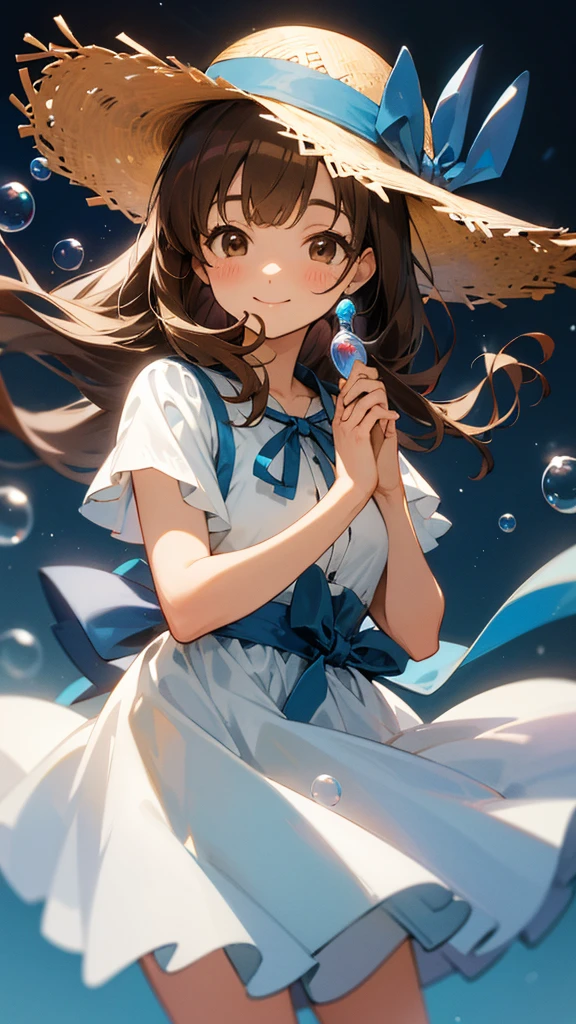 Straw hat with blue ribbon, two-tone white and brown hair, long hair, bangs, white dress, hands together, brown eyes, soap bubbles, smiling face 