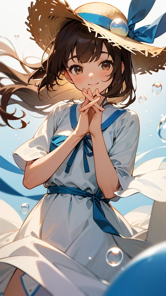 Straw hat with blue ribbon, two-tone white and brown hair, long hair, bangs, white dress, hands together, brown eyes, soap bubbles, smiling face 