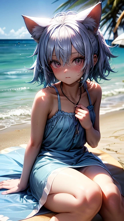 Ice Fairy,Cirno,Cat ear,mysterious,Ocean,beach,summer,Light blue dress,Pink ribbon on the chest,Blue Hair,sunlight,Ice feathers