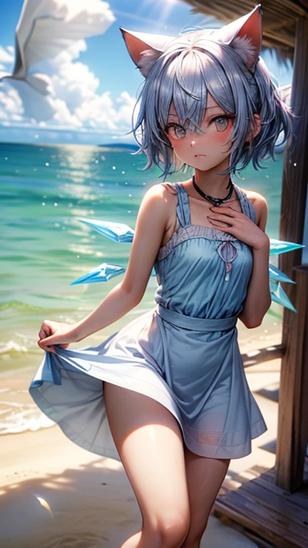 Ice Fairy,Cirno,Cat ear,mysterious,Ocean,beach,summer,Light blue dress,Pink ribbon on the chest,Blue Hair,sunlight,Ice feathers