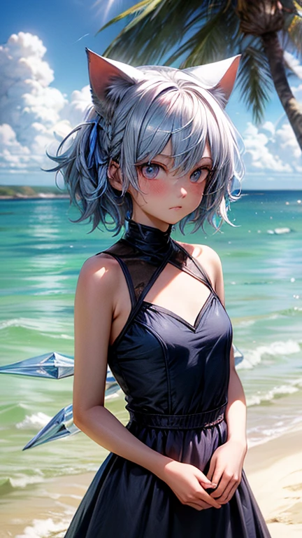 Ice Fairy,Cirno,Cat ear,mysterious,Ocean,beach,summer,Light blue dress,Pink ribbon on the chest,Blue Hair,sunlight,Ice feathers
