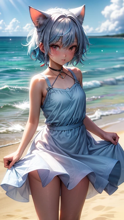 Ice Fairy,Cirno,Cat ear,mysterious,Ocean,beach,summer,Light blue dress,Pink ribbon on the chest,Blue Hair,sunlight,Ice feathers