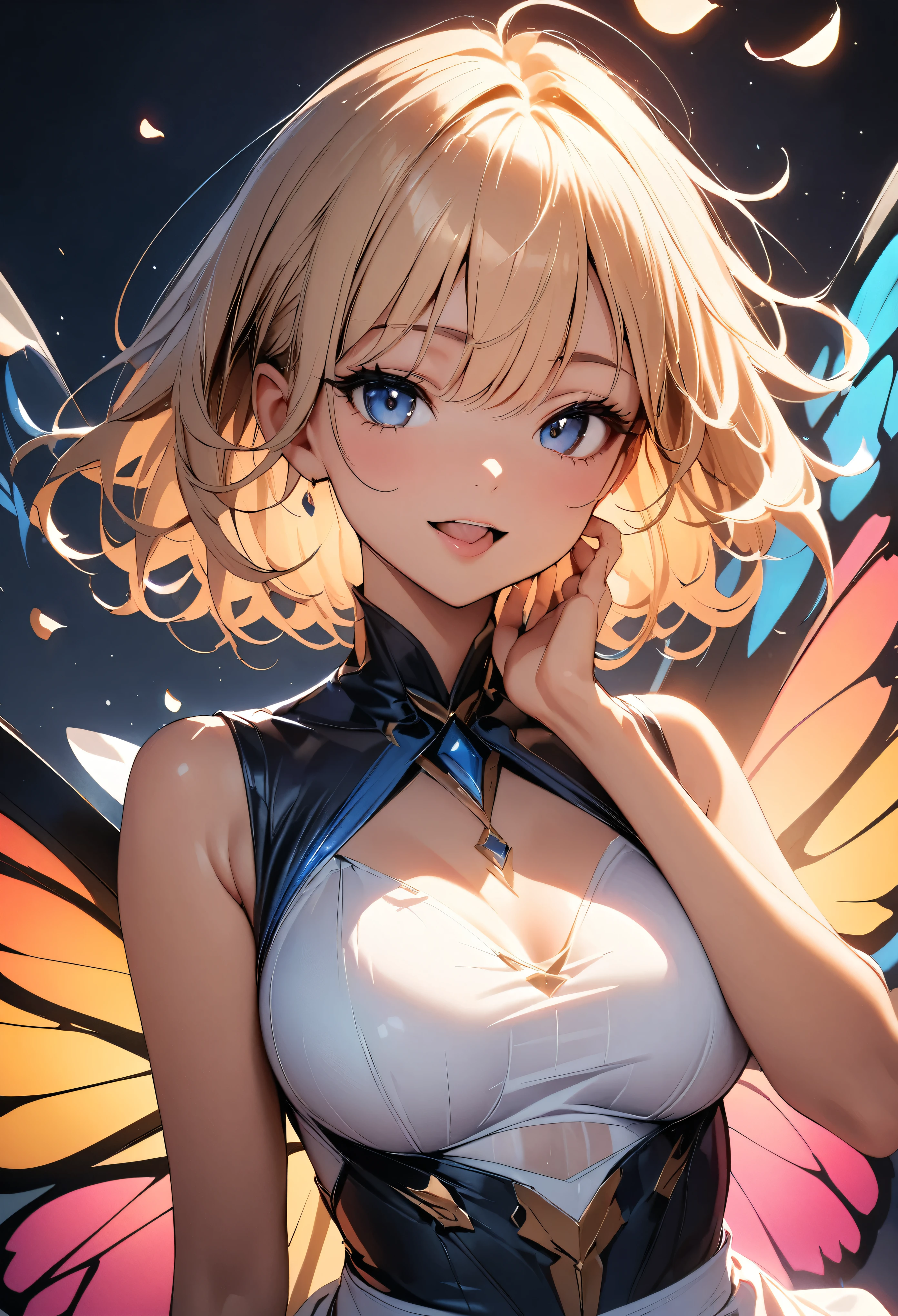 With butterfly wings、Beautiful young woman surrounded by flower petals、Detailed face、Long eyelashes、Graceful pose、A seductive smile, Open your mouth, Sticking out tongue, Clothes that fit the body line, Shining Thin Film Interference Costume, Cinematic lighting、Calm colors、Ethereal、Fantasy、(Highest quality:1.2, Very detailed, up to date, Vibrant, Ultra-high resolution, High Contrast, masterpiece:1.2, Highest quality, Best aesthetics), (((1 girl))), Carefully drawn, Floating Bubbles, Soft Focus, Cinematic lighting、Exquisite details