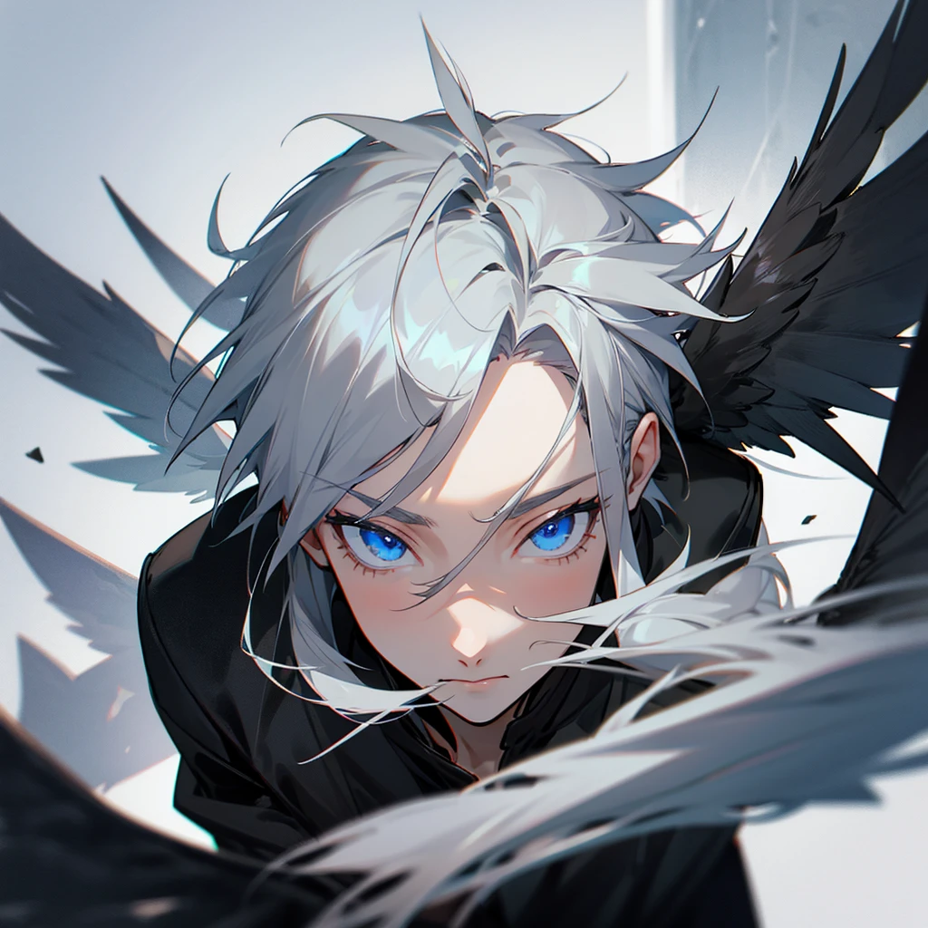 Male character gray hair blue eyes and black wings and black clothes