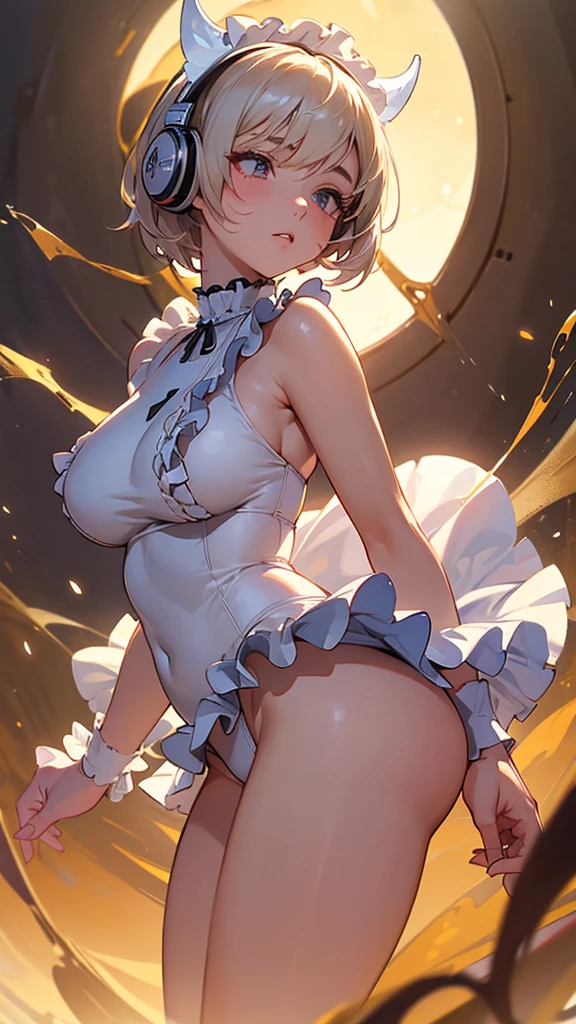 Headphones, red cheeks, detailed details (face, eyes, eyebrows, eyelashes) , fighting pause, official art, masterpiece, highest quality, portrait photo of one girl, , wearing a fight girl(White swimsuit,(Frills) metallic, ) 8k, colorful, semi short hair, high resolution, ( butt:1.2)(headphones:1.2), (excellent rendering, stands out in its class), (great detail, good lighting, wide angle), breasts (0.5), plump thighs, absolute area, detailed background, (Excellent rendering, Stand out in the same class), (Amazing details, Excellent lighting, Wide-angle), Big Breasts(0.4), Detailed Background、Ultra-detailed details、Plump thighs、A pose showing your butt to the main character、Sleeping on your back、Devil's Tail、Detailed eyes、