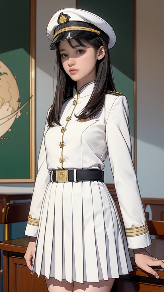 Superflat, Flat Shading, Flat Color, (masterpiece:1.2, Highest quality), (close), 13-year-old girl, Very slim, (White military uniform), Pleated skirt, military hat, universe飛行士, In the classroom, boredom, (universe船の内部), Futuristic, universe, watercolor