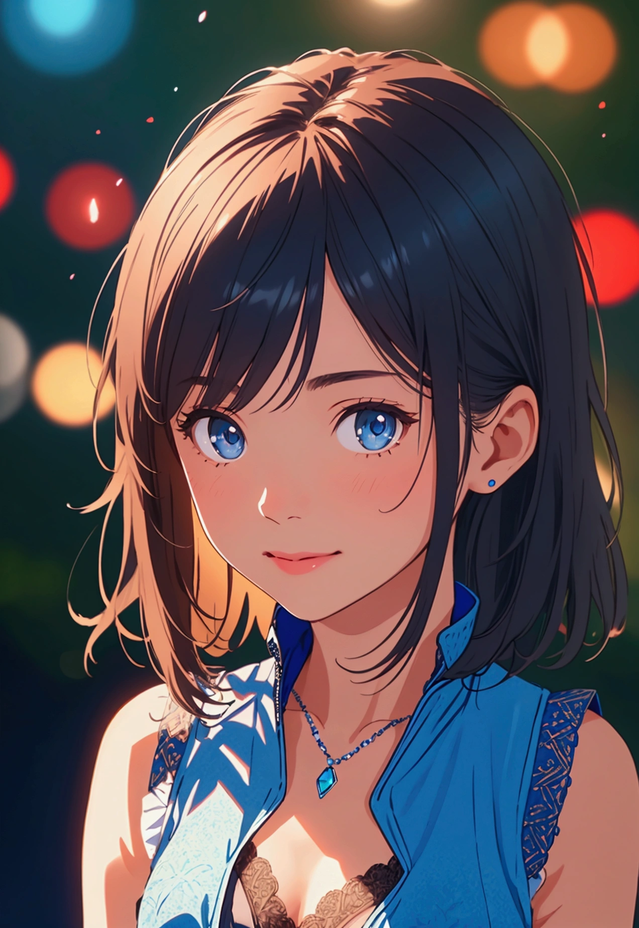 (((medium hair))), best quality, 8K, HDR, highres, absurdres:1.2, blurry background, bokeh:1.2, Photography, (RAW photo:1.2), (photorealistic:1.4), (masterpiece:1.3), (intricate details:1.2), 1girl, solo, japanese girl, delicate, beautiful detailed, (detailed eyes), (detailed facial features), , (((small breasts))), skin tight, (looking_at_viewer), from_front, (skinny), (best quality:1.4), (ultra highres:1.2), cinema light, (extreme detailed illustration), (lipgloss, best quality, ultra highres, depth of field, caustics, Broad lighting, natural shading, 85mm, f/1.4, ISO 200, 1/160s:0.75),1girl, solo, (((blue vest))) smile, , necklace,