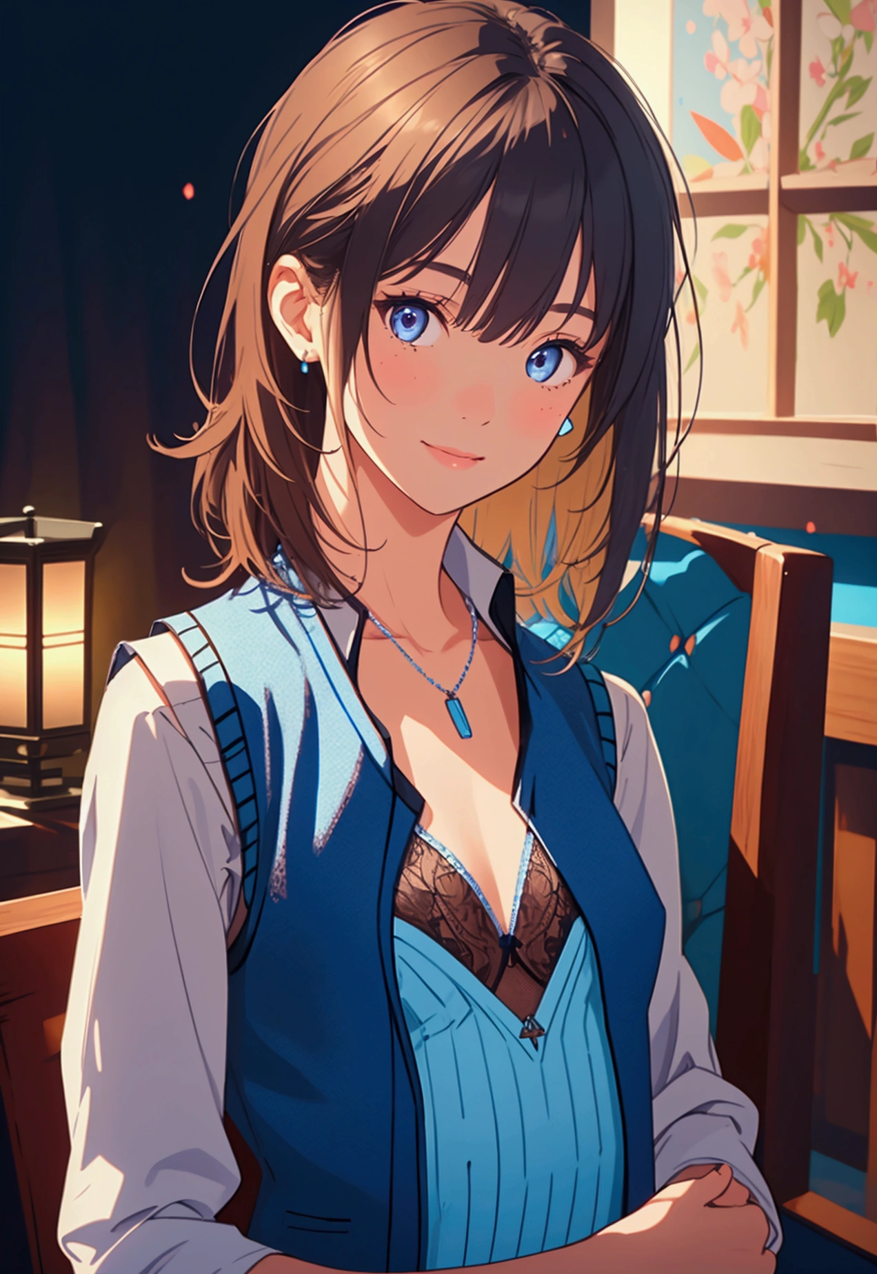 (((medium hair))), best quality, 8K, HDR, highres, absurdres:1.2, blurry background, bokeh:1.2, Photography, (RAW photo:1.2), (photorealistic:1.4), (masterpiece:1.3), (intricate details:1.2), 1girl, solo, japanese girl, delicate, beautiful detailed, (detailed eyes), (detailed facial features), , (((small breasts))), skin tight, (looking_at_viewer), from_front, (skinny), (best quality:1.4), (ultra highres:1.2), cinema light, (extreme detailed illustration), (lipgloss, best quality, ultra highres, depth of field, caustics, Broad lighting, natural shading, 85mm, f/1.4, ISO 200, 1/160s:0.75),1girl, solo, (((blue vest))) smile, , necklace,
