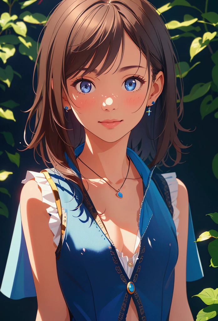 (((medium hair))), best quality, 8K, HDR, highres, absurdres:1.2, blurry background, bokeh:1.2, Photography, (RAW photo:1.2), (photorealistic:1.4), (masterpiece:1.3), (intricate details:1.2), 1girl, solo, japanese girl, delicate, beautiful detailed, (detailed eyes), (detailed facial features), , (((small breasts))), skin tight, (looking_at_viewer), from_front, (skinny), (best quality:1.4), (ultra highres:1.2), cinema light, (extreme detailed illustration), (lipgloss, best quality, ultra highres, depth of field, caustics, Broad lighting, natural shading, 85mm, f/1.4, ISO 200, 1/160s:0.75),1girl, solo, (((blue vest))) smile, , necklace,