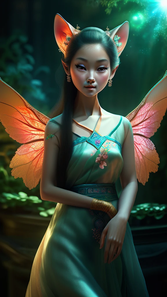 Charming female fairy，Delicate facial features，Eyes that move，Fair skin，Beautiful figure，Occasionally showing fox ears and tail，Elegant and mysterious，Surrounded by a magical aura，Traditional Chinese folklore high resolution, Backlight, masterpiece, Best quality, Very detailed, Ultra HD, Wide-angle lens, Canon, Movie Light Effects, Ray Tracing, Fluorescence, , photography, Hyperrealism, 超realism细节画派, Reality, realism, 超realism, 