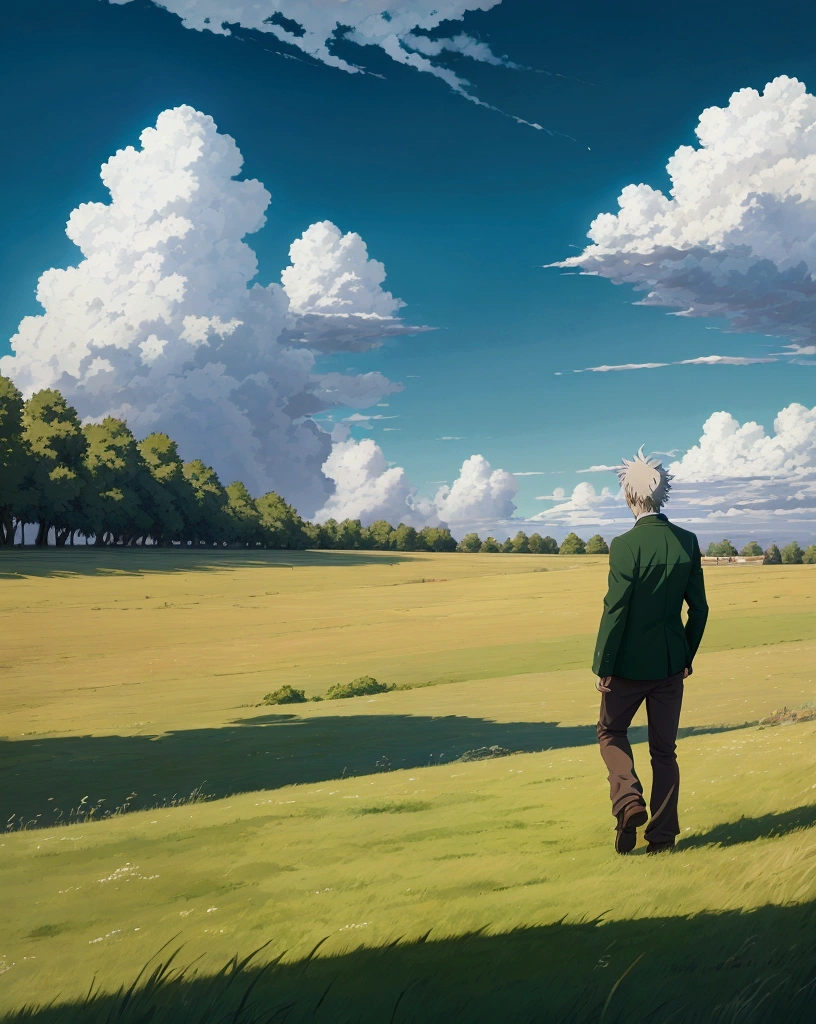 anime, anime landscape,walking in the green grass, guy looking at clouds, in a grassland, creative, realist, white clouds, blue sky, landscape amazing, guy looking away from camera, wide photo