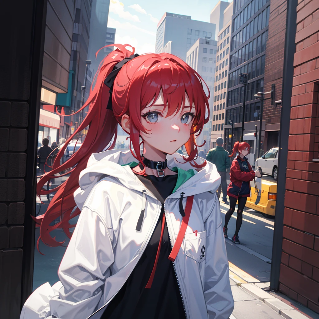 ultra closeup, closeup portrait, [[[[[[1 woman]]]]]] {{{ponytail hair}}}, long hair, red hair, gray eyes animation, Breasts slightly larger, choker, with a straight face, inexpressive, black clothes, Casual clothes, tech wear clothes, straitjacket, white windbreaker, Choker like a leash, very detailed, 8k, game illustration, city background