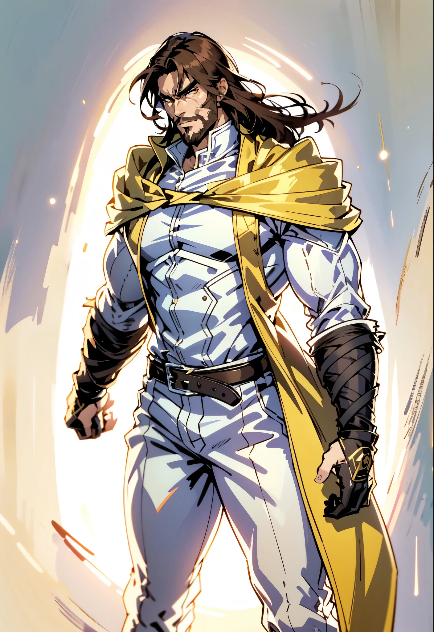 (masterpiece:1.2, best quality:1.2, extremely delicate:1.2), ((male:1.5)), a middle-aged man with slicked-back brown long hair, golden parted bangs, raised thick eyebrows, sharp eyes, rugged features, a full beard, a confident smile, tall and sturdy build, a fantasy martial arts style white open-chest silk coat with a long hem, a yellow shawl, long gloves, a leather belt, canvas trousers, standing in a sunny desert oasis, this character embodies a finely crafted fantasy martial arts style desert ruler in anime style, exquisite and mature manga art style, dramatic, high definition, highres, ultra-detailed, ultra-fine painting, professional, perfect body proportions, golden ratio, anatomically correct, symmetrical face, extremely detailed eyes and face, high quality eyes, creativity, RAW photo, UHD, 32k, Natural light, cinematic lighting, (masterpiece-anatomy-perfect:1.2)