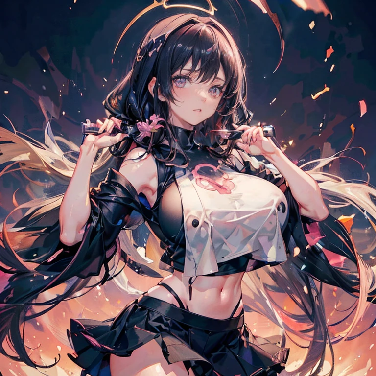 Anime Kawaii sexy Perfect Slim sensual body large breast and huge thighs, An intricate and highly detailed illustration of anime (Young girl). a beautiful girl with long black hair, wearing a black sleeveless crop top and a pink skirt, standing alone and divided, detailed facial features, intricate clothing, realistic, photorealistic, ultra-detailed, masterpiece, 8k, high quality, digital art