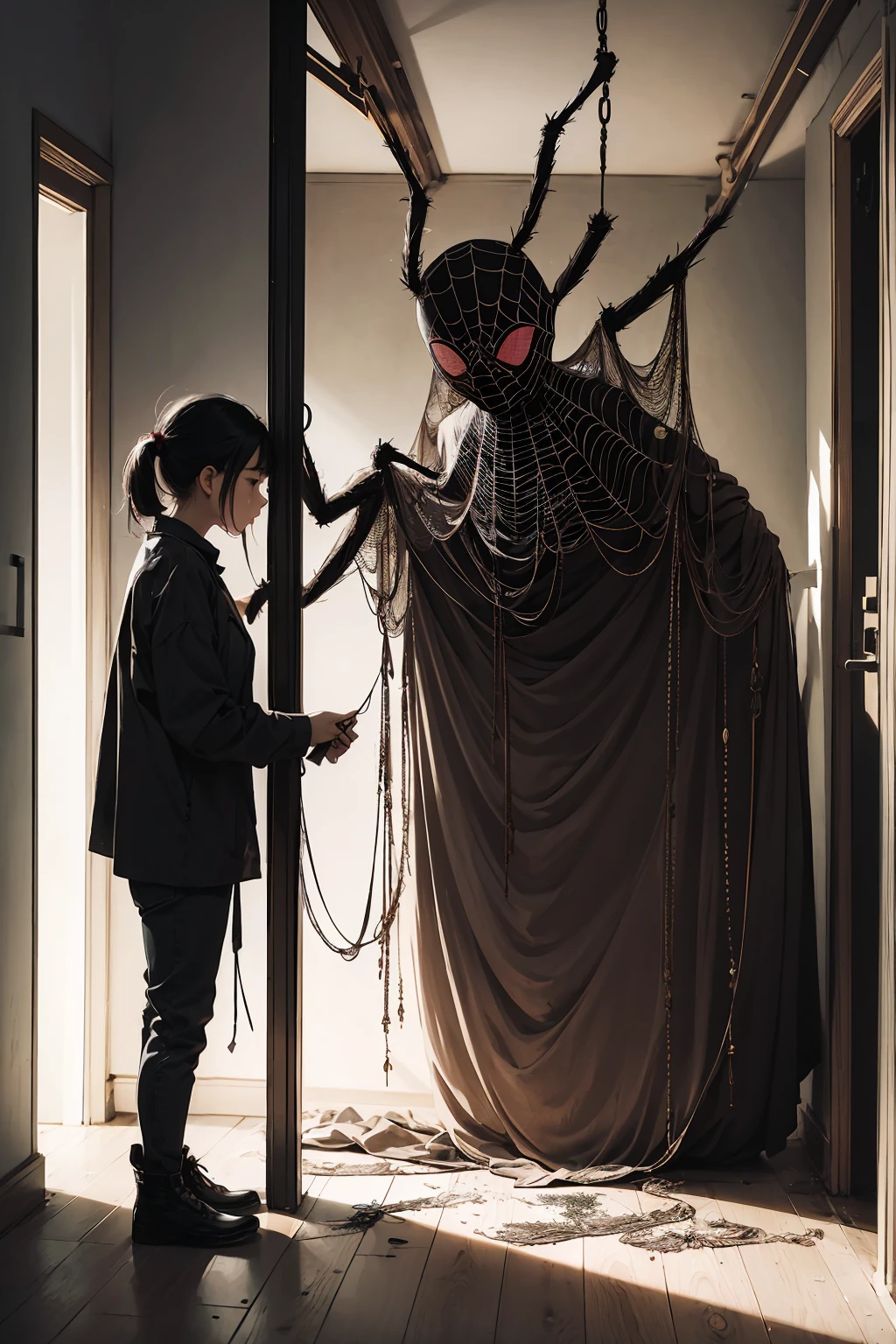 Woman tied with spider webs、Giant spider、女性を攻撃するGiant spider、Little woman caught by a spider、Dimly lit room、Creepy Room、Confined space、Dark Places、Crying woman