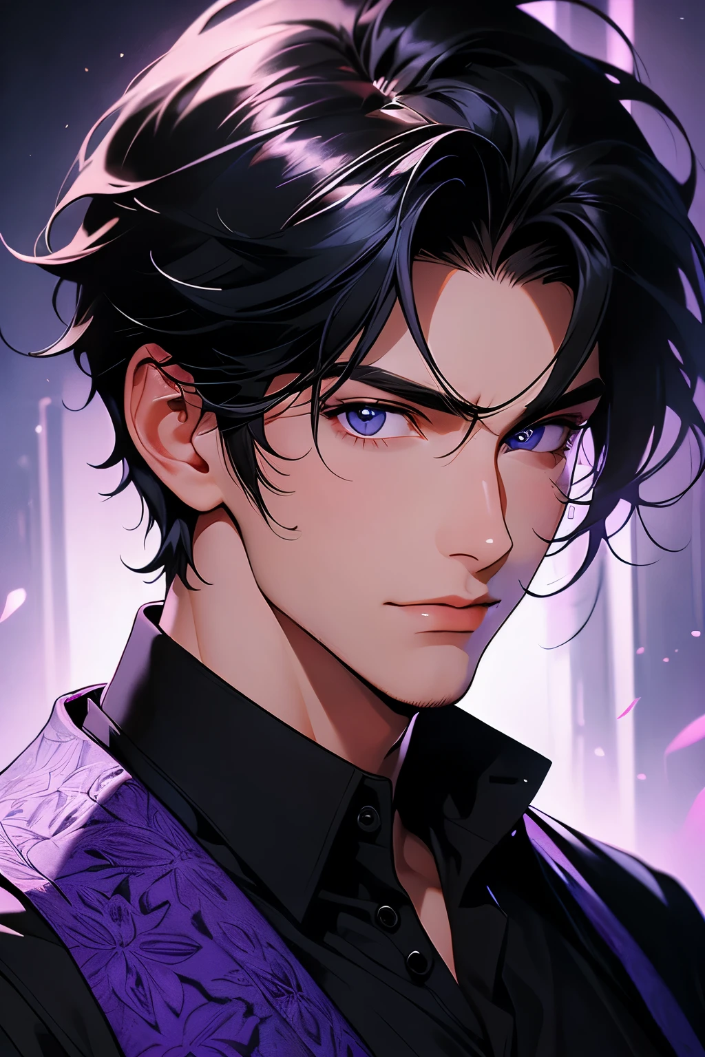A portrait of a handsome man with fair skin, short tousled black hair, purple-blue eyes, wearing a black button-up shirt and double-breasted rancher vest