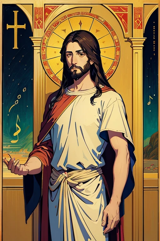A full-length painting of Jesus Christ in perspective. Byzantine style illustration. Colors with colored pencil texture. with the right arm stretched forward and the hand open. Left hand on own chest. borders with musical notes and instruments. striking colors