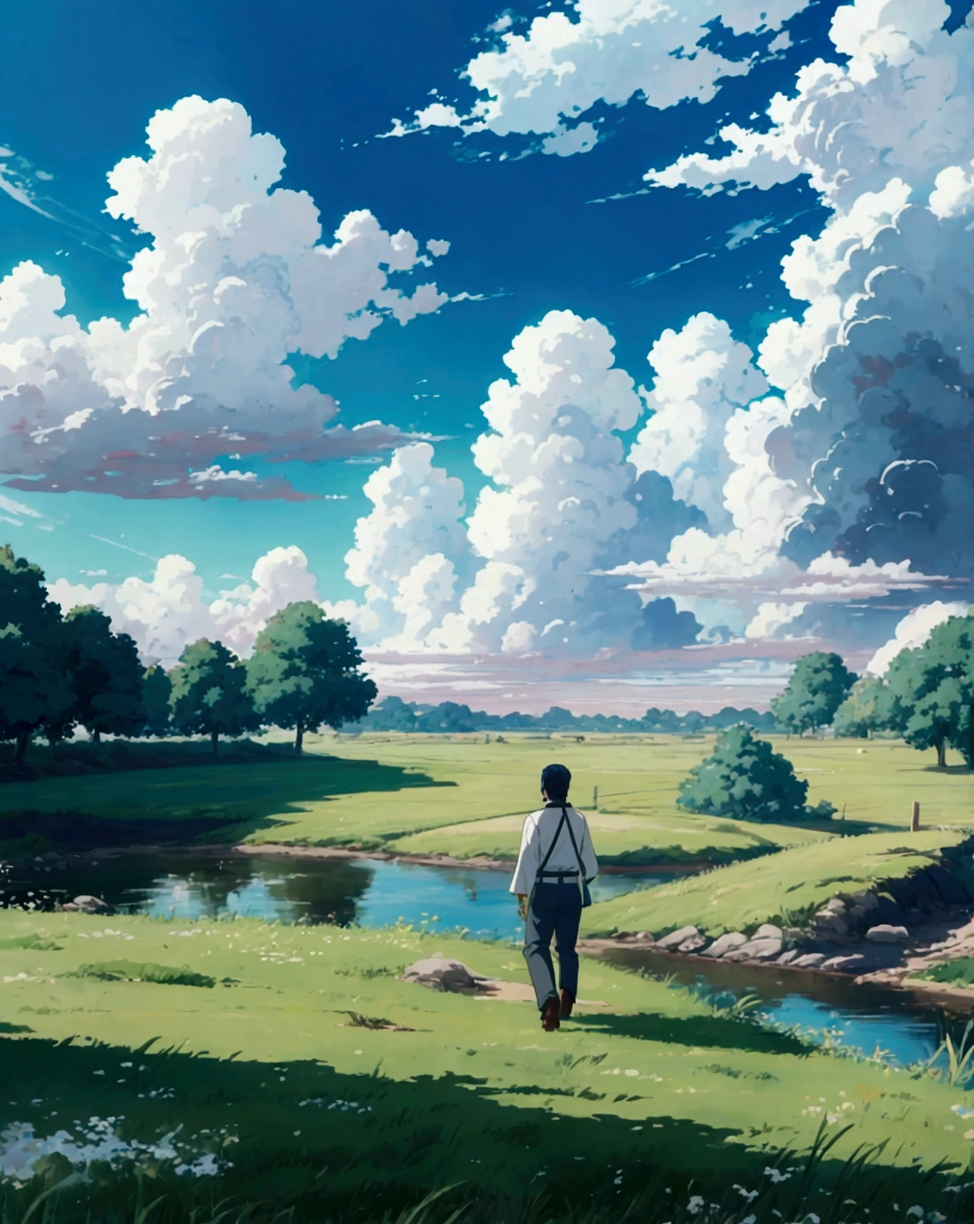 anime, anime landscape,walking in the green grass, guy looking at clouds, in a grassland, creative, realist, white clouds, blue sky, landscape amazing, guy looking away from camera, wide photo