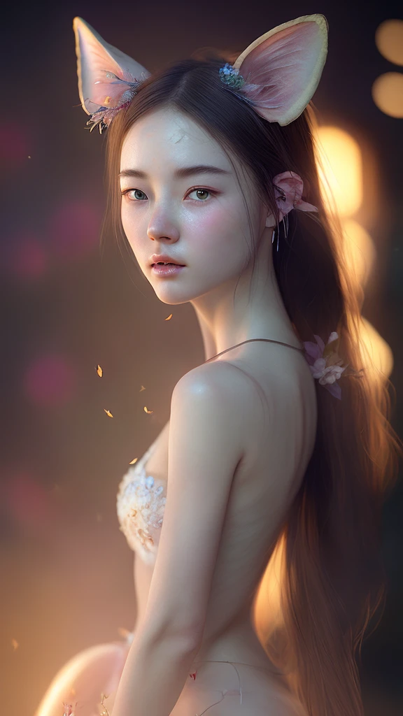 Charming female fairy,Delicate facial features,Eyes that move,Fair skin,Beautiful figure,Reveal fox ears and tail,Elegant and mysterious,Surrounded by a magical aura,Traditional Chinese folklore high resolution, Backlight, masterpiece, Best quality, Very detailed, Ultra HD, Wide-angle lens, Canon, Movie Light Effects, Ray Tracing, Fluorescence, , photography, Hyperrealism, 超realism细节画派, Reality, realism, 超realism,