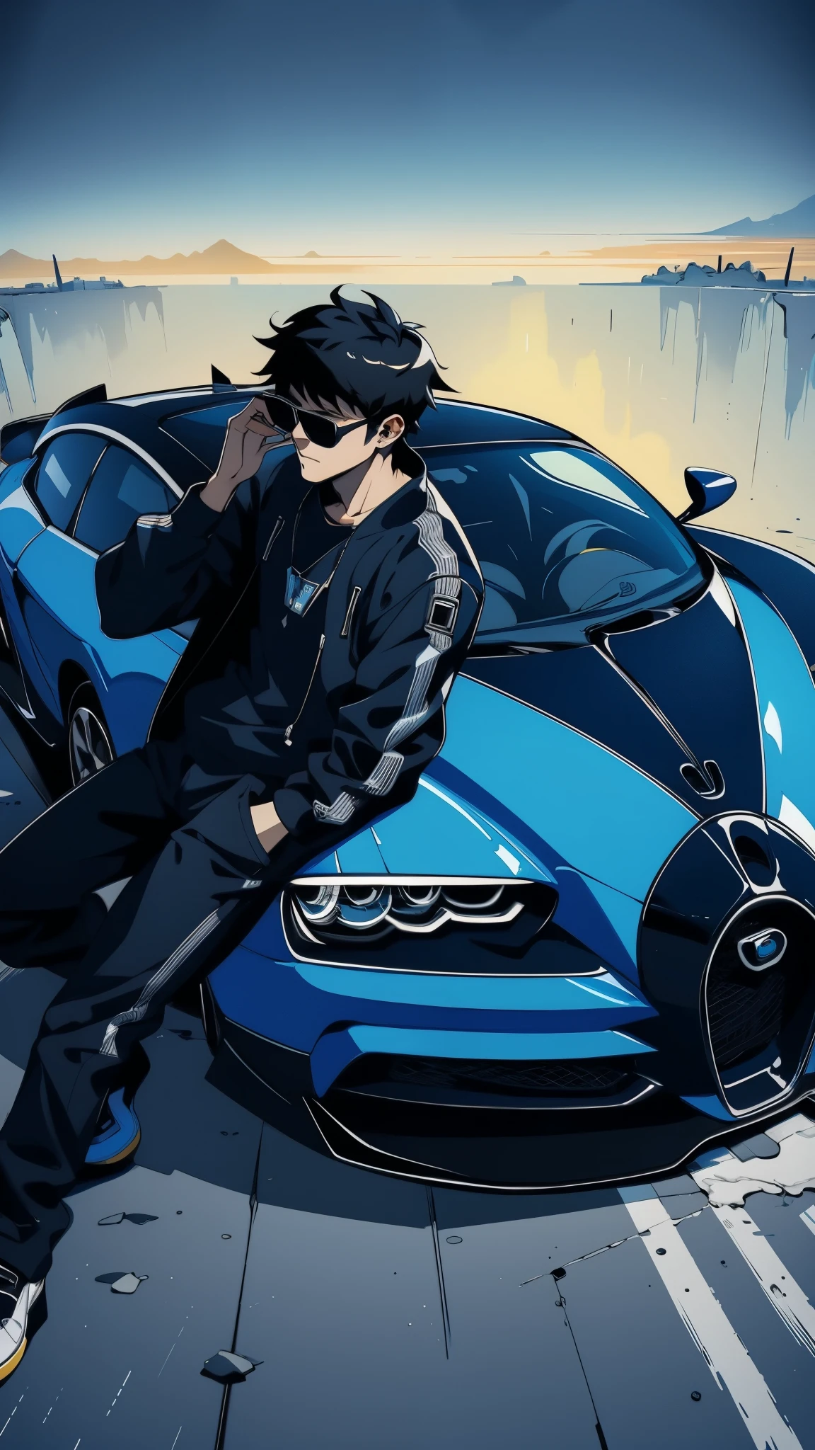 A character leans casually against a sleek black and blue Bugatti Vision Gran Turismo, admiring its futuristic design and vibrant blue finish. The character is adjusting a pair of stylish sunglasses, exuding confidence and style as they prepare for an exhilarating ride, fantasy world, dark background, clean design, epic, artstation, colorful paint splatter, silhouette, hyper detailed intricate details, unreal engine, fantasy, splash screen, complementary colors, deviantart masterpiece, oil painting, heavy strokes, paint dripping, indifferent expression