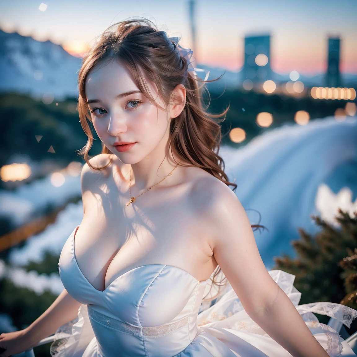 3 women, beautiful, Russian face, 20 years old, white skin, big breast, Sleeveless, rift, Strapless dress, random color, On top of the mountain background, ((wind:1.3)), kiss, ((Bokeh:1.3)), perfect body anatomy, ((cute:1.1)), ((Masterpiece:1.1))