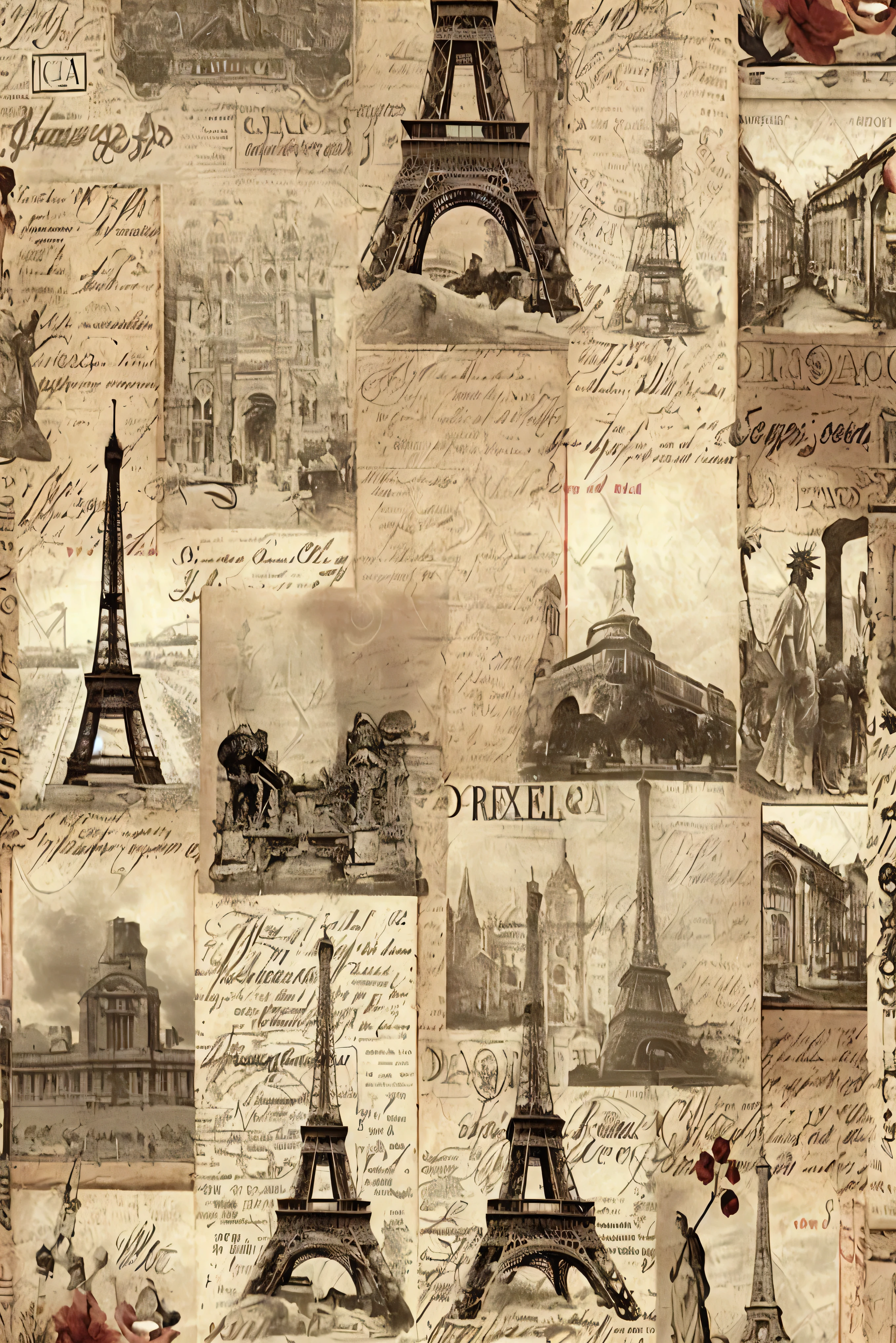 a close up of a collage of different images of the eiffel tower, Paris background, Paris, Paris eiffel tower, newspaper collage, eiffel tower, Paris city, french architecture, the city of Paris, european building, eiffel tower left, vintage poster, monument, in Paris, paper collage, Parisian buildings, eiffel tower in the middle, beautiful high resolution, trending wallpaper