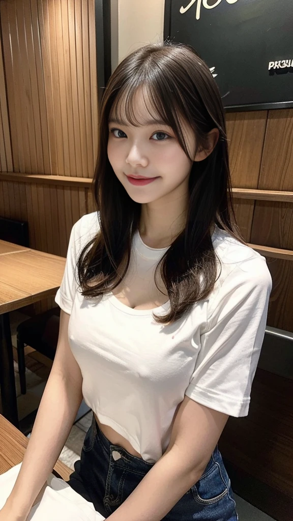 nsfw,Lunch date with my cute G-cup high school sister at Starbucks in Tokyo with no bra or panties、Selfie photos leaked on a secret account。She pulls up her T-shirt to reveal her breasts only to the photographer.。Sitting across the table、There are two Starbucks drinks on the table.。A summery brand of clothing with a loose fit around the chest。Smiling with rice in his mouth。masterpiece, best quality, Real Image, Super detailed, fine details, High resolution, 8k,wall paper, perfect dynamic composition,(Details High quality, realistic depiction of eyes:1.3),