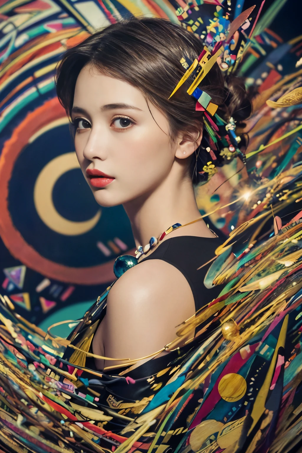 
((masterpiece:1.4, Highest quality)), (Realistic photos:1.4), (artwork),
((1 girl)), (Otherworldly beauty), (dream-like),
(超High resolution:1.2), Very delicate and beautiful, wonderful, Very detailedな CG Unity 8k 壁紙, Very detailed, High resolution, 
Soft Light, Beautiful detailed girl, Very detailedな目と顔, Beautiful and exquisite nose, Beautiful and exquisite, 
Cinema Lighting, Perfect Anatomy, Slender body, (Parted bangs),
(Portrait of Venus:1.5), (Abstract background with Kandinsky-style design:1.5),
Cowboy Shot