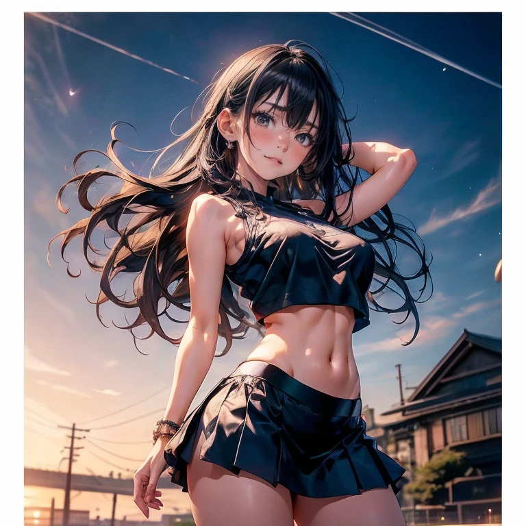 Anime Kawaii sexy Perfect Slim sensual body large breast and huge thighs, An intricate and highly detailed illustration of anime (Young girl). a beautiful girl with long black hair, wearing a black sleeveless crop top and a pink skirt, standing alone and divided, detailed facial features, intricate clothing, realistic, photorealistic, ultra-detailed, masterpiece, 8k, high quality, digital art